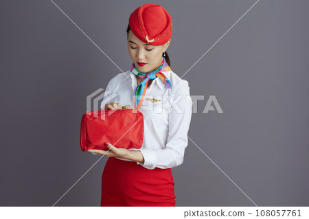 stylish stewardess asian woman isolated on gray 108057761
