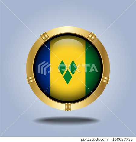 ST. Vincent Grenadines flag. Round glossy. Gold  frame. Isolated on color gradient background 108057786