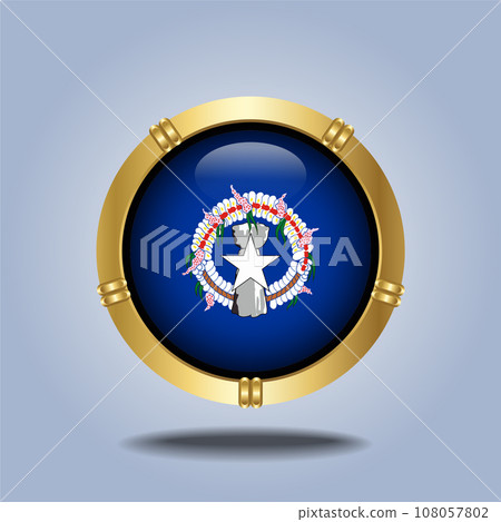 Northern Marianas flag. Round glossy. Gold  frame. Isolated on color gradient background 108057802