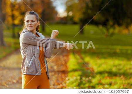 stylish woman in fitness clothes in park stretching stylish woman in fitness clothes in park stretching 108057937