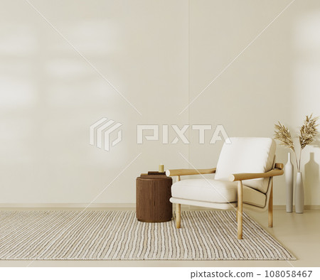 Beige contemporary minimalist interior with armchair, blank wall, coffee table and decor. 3d render illustration mockup 108058467