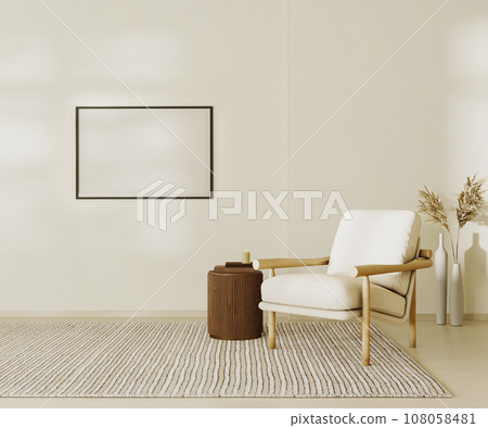 Blank picture frame mock up in beige contemporary minimalist interior with armchair, coffee table and decor. 3d render illustration 108058481