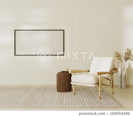 Blank picture frame mock up in beige contemporary minimalist interior with armchair, coffee table and decor. 3d render illustration Blank picture frame mock up in beige contemporary minimalist interior with armchair, coffee table and decor. 3d render illustration 108058496