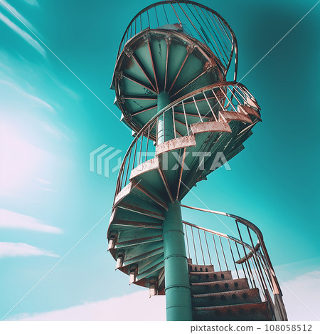 Stairway to Heaven. A spiral spiral antique metal staircase goes high up into the blue sky. 108058512