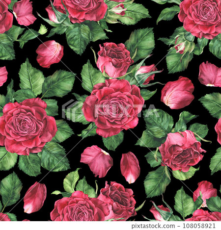Seamless pattern with pink roses. Watercolor botanical illustration. Isolated on a black background. Hand drawn flower, leaves and petals. For the design of women's clothing, bed linen, fabrics Seamless pattern with pink roses. Watercolor botanical illustration. Isolated on a black background. Hand drawn flower, leaves and petals. For the design of women's clothing, bed linen, fabrics 108058921