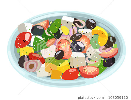Plate with greek salad. Vector isolated illustration. Traditional mediterranean cuisine. Plate with greek salad. Vector isolated illustration. Traditional mediterranean cuisine. 108059110