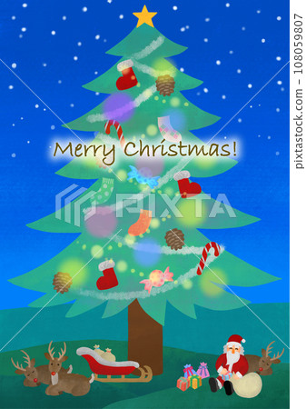 Christmas material Santa Claus and red-nosed reindeer under the tree with text Christmas material Santa Claus and red-nosed reindeer under the tree with text 108059807