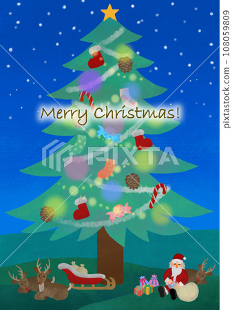 Christmas material Santa Claus and red-nosed reindeer under the tree with text Christmas material Santa Claus and red-nosed reindeer under the tree with text 108059809