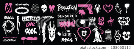 Street spray graffiti element set, vector urban grunge splash typography effect, retro ghetto print 108060113