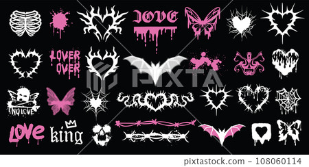 Gothic tattoo heart set, vector emo u2k love logo kit, vintage graphic fashion print butterfly. Gothic tattoo heart set, vector emo u2k love logo kit, vintage graphic fashion print butterfly. 108060114