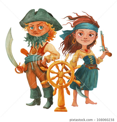 A barefoot little girl pirate character and a proud little boy pirate character standing at the helm. Isolated watercolor illustration for design of cards, posters, t-shirt printing for a pirate party A barefoot little girl pirate character and a proud little boy pirate character standing at the helm. Isolated watercolor illustration for design of cards, posters, t-shirt printing for a pirate party 108060238
