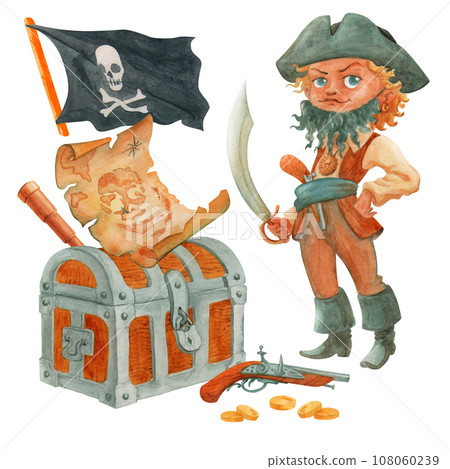 Pirate boy cartoon character in pirate object composition. Includes chest, spyglass, old treasure map, weapon, few coins. Isolated watercolor illustration for design of cards, posters, t-shirt printin Pirate boy cartoon character in pirate object composition. Includes chest, spyglass, old treasure map, weapon, few coins. Isolated watercolor illustration for design of cards, posters, t-shirt printin 108060239