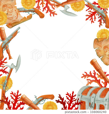 Simple border or frame, made from corals, old treasure map, spyglass, pirate weapons, chests and coins. isolated watercolor illustration. Template for cover, home decor, backgrounds, cards Simple border or frame, made from corals, old treasure map, spyglass, pirate weapons, chests and coins. isolated watercolor illustration. Template for cover, home decor, backgrounds, cards 108060240