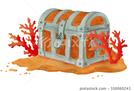A closed treasure chest stands on the ocean floor between red corals. Isolated watercolor illustration for design of cards, posters, t-shirt printing for a pirate party or talk like a pirate day A closed treasure chest stands on the ocean floor between red corals. Isolated watercolor illustration for design of cards, posters, t-shirt printing for a pirate party or talk like a pirate day 108060241