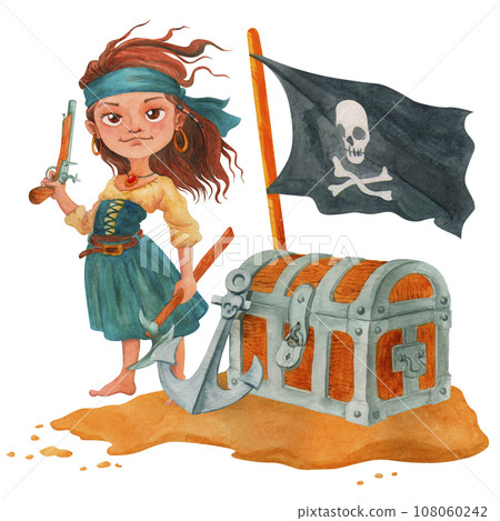 Pirate girl cartoon character in pirate object composition. Includes black flag, chest, anchor, weapon. Isolated watercolor illustration for design of cards, posters, t-shirt printing for a pirate par Pirate girl cartoon character in pirate object composition. Includes black flag, chest, anchor, weapon. Isolated watercolor illustration for design of cards, posters, t-shirt printing for a pirate par 108060242