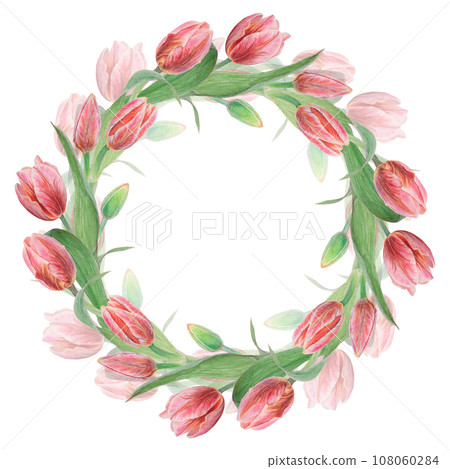 Watercolor hand drawn realistic botanical illustration of pink tulips and green leaves. Wreath, round frame for your design, wedding print products, paper, invitations, cards, fabric, posters. Watercolor hand drawn realistic botanical illustration of pink tulips and green leaves. Wreath, round frame for your design, wedding print products, paper, invitations, cards, fabric, posters. 108060284