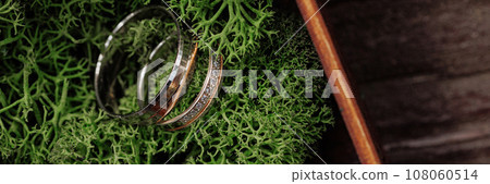 Gold wedding rings on green moss in wooden box 108060514