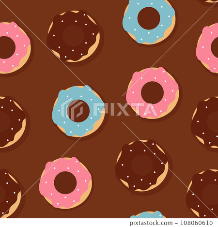 Donuts seamless pattern with chocolate background. Sweets and bakeries concept illustration. Donuts seamless pattern with chocolate background. Sweets and bakeries concept illustration. 108060610