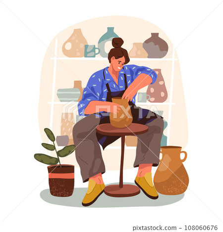 Potter woman making or crafting clay vase. Vector illustration of character at pottery wheel making clayware pot. Handmade master at art work. Female artist at hobby. Pottery lesson. Earthenware Potter woman making or crafting clay vase. Vector illustration of character at pottery wheel making clayware pot. Handmade master at art work. Female artist at hobby. Pottery lesson. Earthenware 108060676