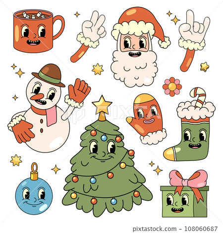 Set of vector pop art icon for new year celebration. Sticker or badges for merry xmas or christmas greeting. Card elements for winter holiday with bulb and gift box, fir tree, snowman, santa claus Set of vector pop art icon for new year celebration. Sticker or badges for merry xmas or christmas greeting. Card elements for winter holiday with bulb and gift box, fir tree, snowman, santa claus 108060687