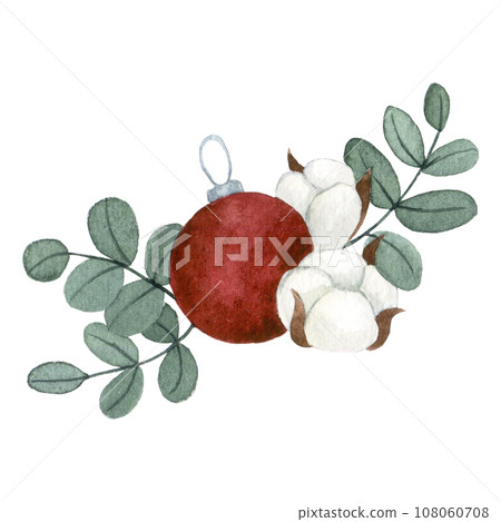 watercolor drawing. bouquet, composition for Christmas from eucalyptus leaves, cotton flowers and Christmas toys. vintage illustration new year, winter 108060708