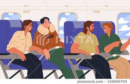 Indoor view of airlane journey or plane trip. Vector cartoon illustration of passengers in flight cabin. Tourist airline transportation in business class. Private jet inside view. Aircraft board 108060709