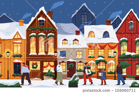 Vector winter street during new year or christmas. Illustration of wintertime holiday city with garlands and people. Merry xmas scenery and cityscape. Urban landscape of town exterior view. Festive 108060711