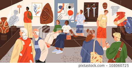 Museum gallery interior flat vector image. Art exhibition with people crowd watch artwork, greek statue, sculpture, painting and vase. Antique or history exposition. Excursion or presentation room. 108060725