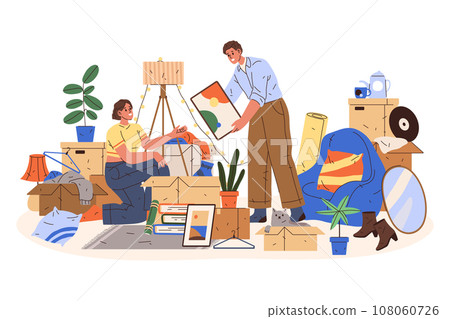 Vector clipart for apartment moving or home relocation. Flat sign with family unpacking goods in new house. Family or couple move from dwelling packing boxes and containers for shipping. Relocating 108060726