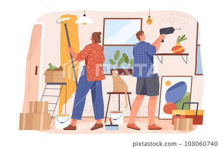 Family home repair or couple house renovation. Vector flat illustration of apartment improvement or room paint. Indoor view on living improvement. Woman paint with roller and man with drill. People 108060740