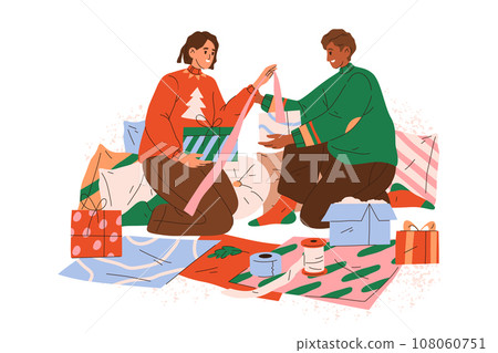 Flat vector woman wrapping gift for new year. Cartoon people wrap presents in box for merry christmas. Image for winter holiday or festive preparation. Home surprise decoration for kids. Celebration Flat vector woman wrapping gift for new year. Cartoon people wrap presents in box for merry christmas. Image for winter holiday or festive preparation. Home surprise decoration for kids. Celebration 108060751