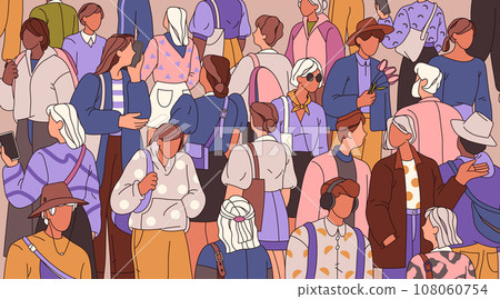 Vector illustration of diverse crowd of people. Background of flat multi-ethnic characters. Citizen mob. Multicultural person gathering. Different man and woman, international tolerance. Man and woman 108060754