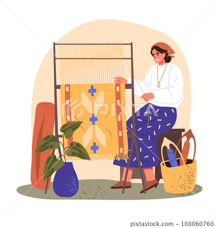 Vector image of woman doing carpet production. Illustration of female near rug. Rugmaker manufacturing persian and turkey yarn. Weaver at loom. Character and textile machine. Decoration craft theme 108060760
