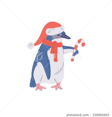 Penguin in hat and with a Christmas candy, vector isolated on white. 108060803