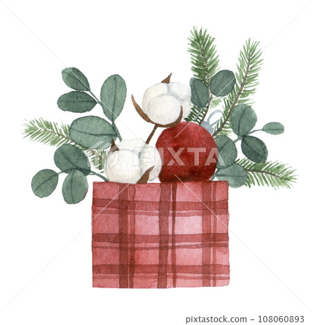 watercolor drawing. bouquet, composition for Christmas from eucalyptus leaves, cotton flowers and Christmas toys. vintage illustration new year, winter watercolor drawing. bouquet, composition for Christmas from eucalyptus leaves, cotton flowers and Christmas toys. vintage illustration new year, winter 108060893