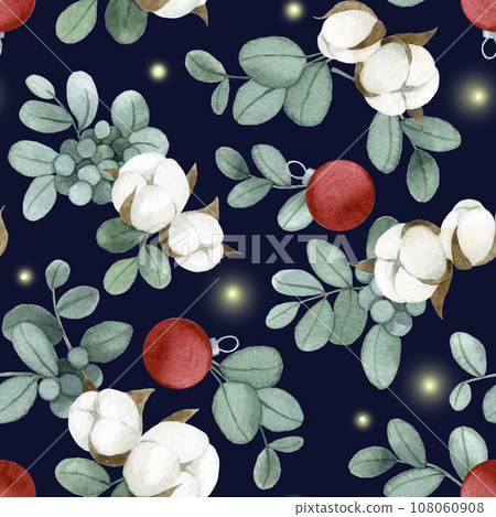 watercolor drawing. christmas seamless pattern with eucalyptus leaves and cotton flowers and Christmas toys on a dark background watercolor drawing. christmas seamless pattern with eucalyptus leaves and cotton flowers and Christmas toys on a dark background 108060908