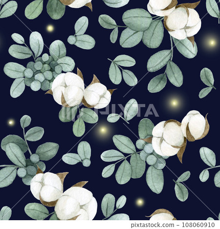 watercolor drawing. seamless pattern with eucalyptus leaves and cotton flowers on a dark background 108060910