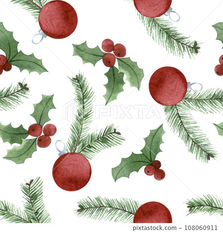 watercolor drawing. christmas seamless pattern with holly leaves and fir branches and Christmas toys on a white background 108060911