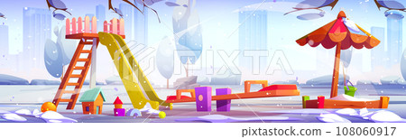 Playground in winter with children play equipment Playground in winter with children play equipment 108060917