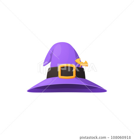 Witch's purple hat with buckle decorated with a bat badge, vector cartoon Halloween party costume for wizard's head Witch's purple hat with buckle decorated with a bat badge, vector cartoon Halloween party costume for wizard's head 108060918