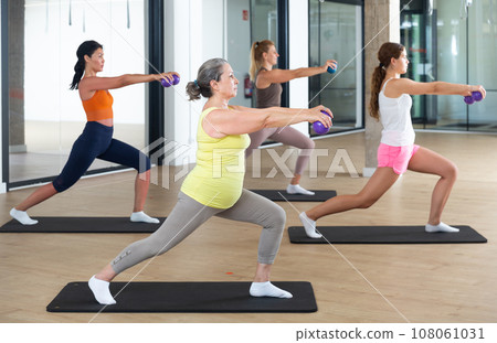 Women practicing pilates with balls at group class in yoga studio 108061031