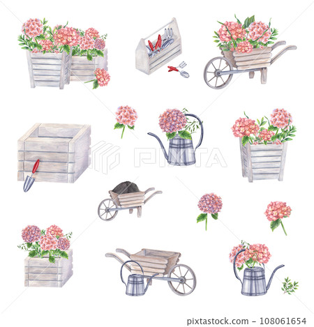Set of gorgeous blooming hydrangeas. Planting, irrigation flowers. Wooden garden tools. Hortensia branches, bouquet, vase. Watercolor illustration for the design of booklets, flyers 108061654