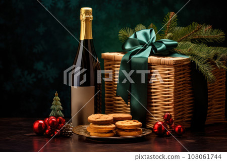 Christmas gift hamper with sparkling wine, cookies. Generative AI 108061744