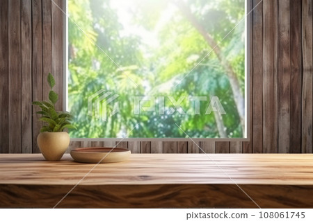 Empty wooden table top, flowers and window in tropical interior as background Generative AI 108061745