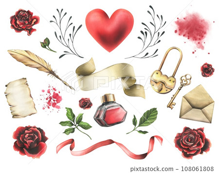 For Valentine's Day, a large set with a heart, roses, letters, a lock and a key. Hand drawn watercolor illustration. Set of isolated elements on a white background. 108061808