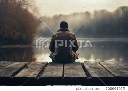 Man in jacket sitting on the small bridge with a view on beautiful lake, back view. Generative AI 108061925