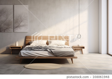 A bedroom in scandinavian style. Double bed with pillows and soft blanket, furniture on wooden floor. Generative AI 108061948