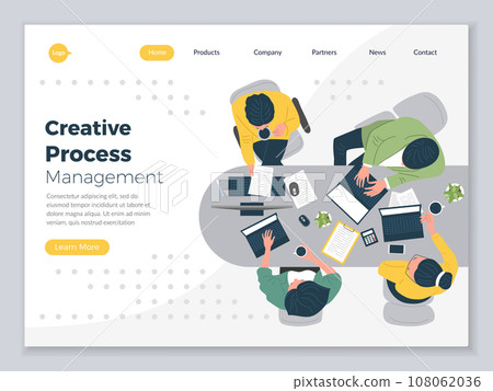 Business landing. Web page with illustration of top view office people managers sitting at table recent vector template with place for text 108062036