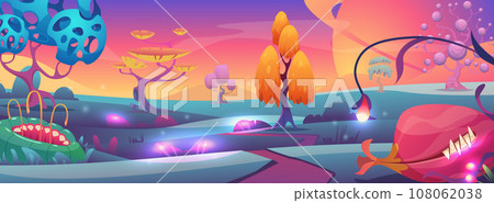 Fantasy background. Scary monster flowers with mouth exact vector cartoon template 108062038