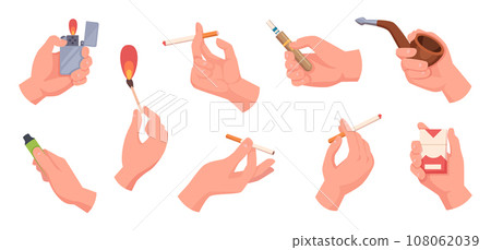 Cigarettes in hands. People holding vape cigarette and different specific devices for smoking exact vector tobacco concept pictures set 108062039